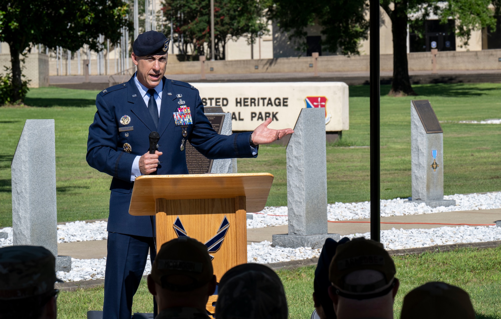 Col. Damian Schlussel, director of Air Force Security Forces, speaks during the monument dedication ceremony for Tech. Sgt. James H. Ledford at the Enlisted Heritage Hall’s Walk of Heroes, June 24, 2026. (U.S. Air Force photo by Brian Ferguson)