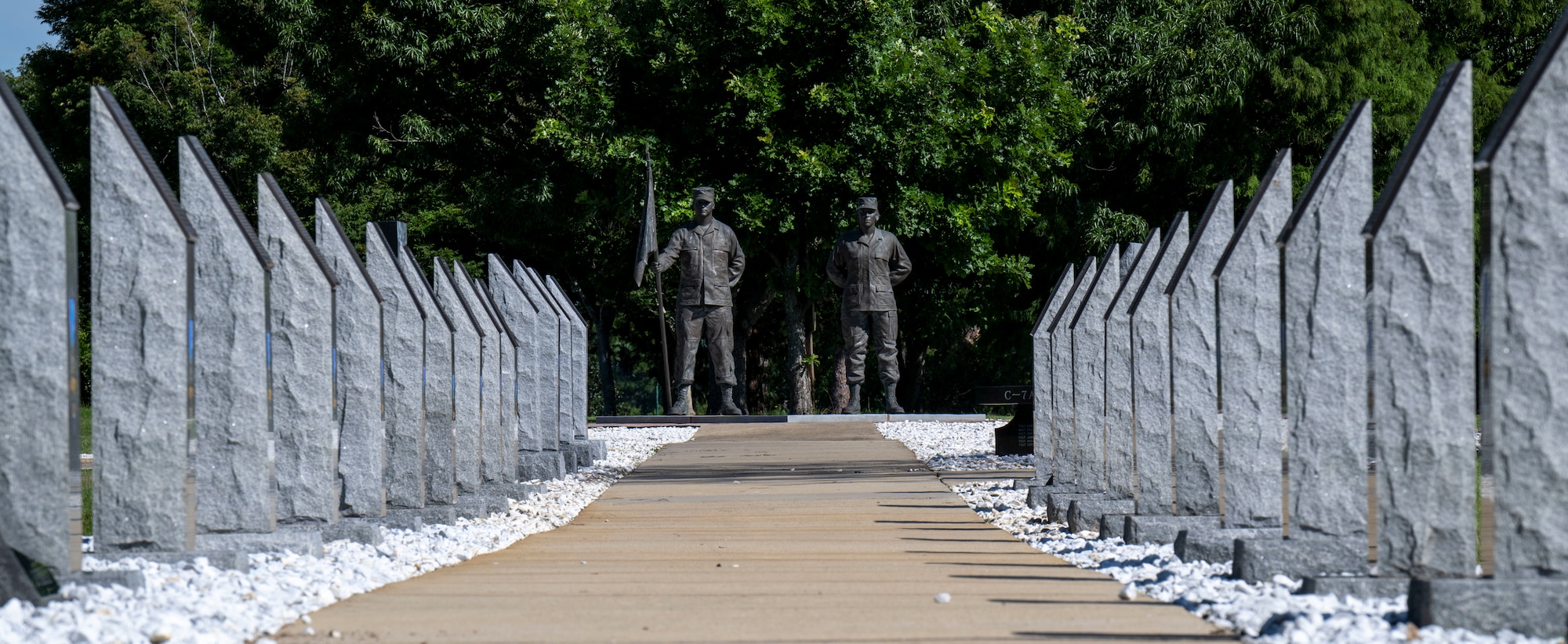 The newly unveiled monument honoring Tech. Sgt. James H. Ledford stands on the Walk of Heroes, June 24, 2026. The walkway, which leads to the Enlisted Heritage Hall’s outdoor exhibits, is dedicated exclusively to enlisted recipients of the Distinguished Service Cross and Air Force Cross. (U.S. Air Force photo by Brian Ferguson)