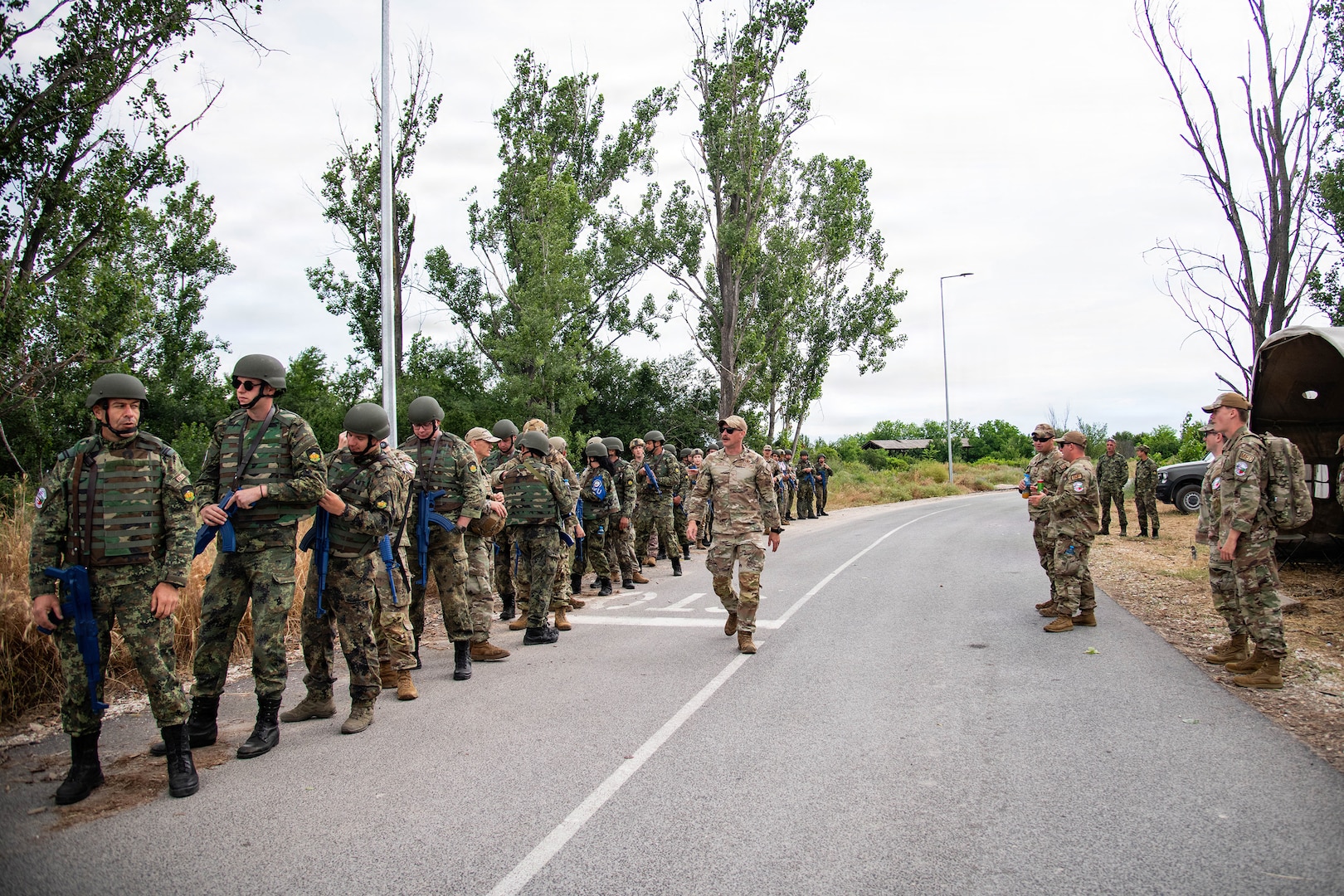 Security Forces Airmen from the Tennessee Air National Guard and Bulgarian Air Force form up before starting the capstone exercise for Falcon Defender 26, Graf Ignatievo Air Base, Plovdiv, Bulgaria, June 12, 2026.