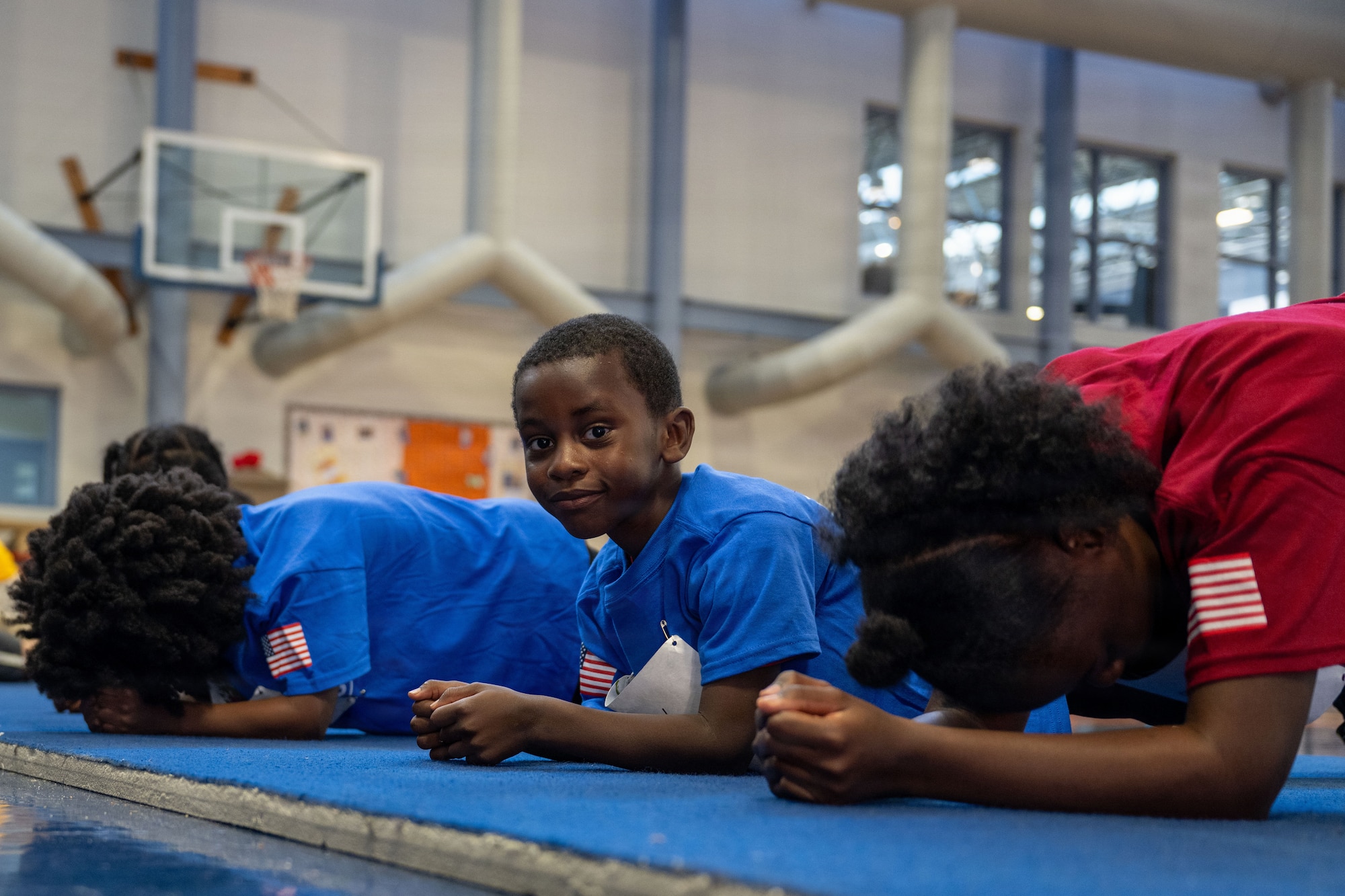 Students from the Joint Base Andrews Youth Center participate in the Presidential Fitness Center at Joint Base Andrews.