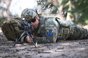 U.S. Air Force Airman 1st Class Laura Vilalobos, 21st Security Forces Squadron response force member, conducts training as part of a field training exercise on Peterson Space Force Base, Colorado, March 18, 2025. During the exercise, the Defenders of 21st SFS adapted their tactics to assess and respond to emerging battlefield threats. (U.S. Space Force photo by Senior Airman Justin Todd)