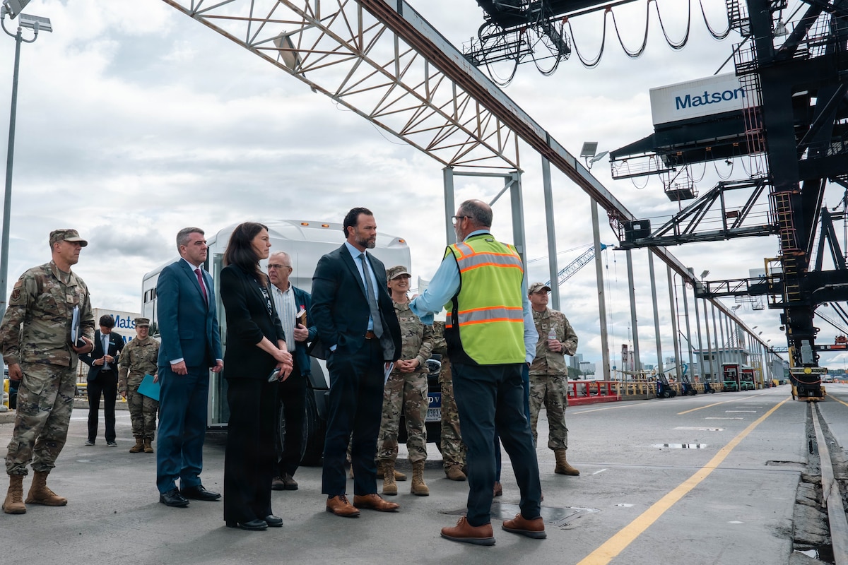 Under Secretary of the Air Force, Matt Lohmeier, visits the Don Young Port of Alaska in Anchorage, June 22, 2026. Lohmeier toured the installation to meet with service members and assess Arctic operational readiness, strategic modernization plans and future infrastructure investments. (U.S. Air Force photo by Airman 1st Class Keola Vischi)