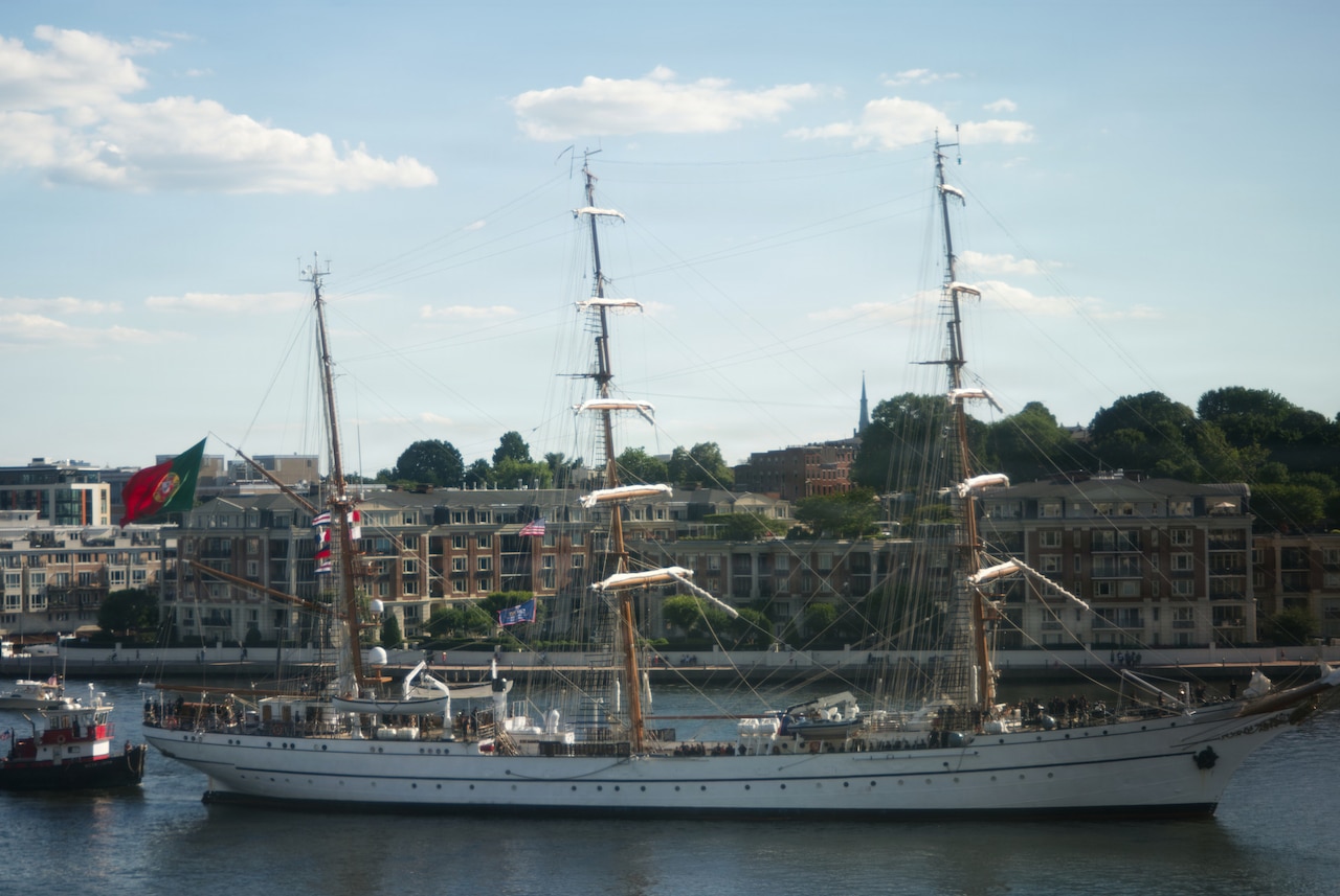 A large ship sails in a harbor while a tugboat guides it; there are buildings and trees on shore in the background.
