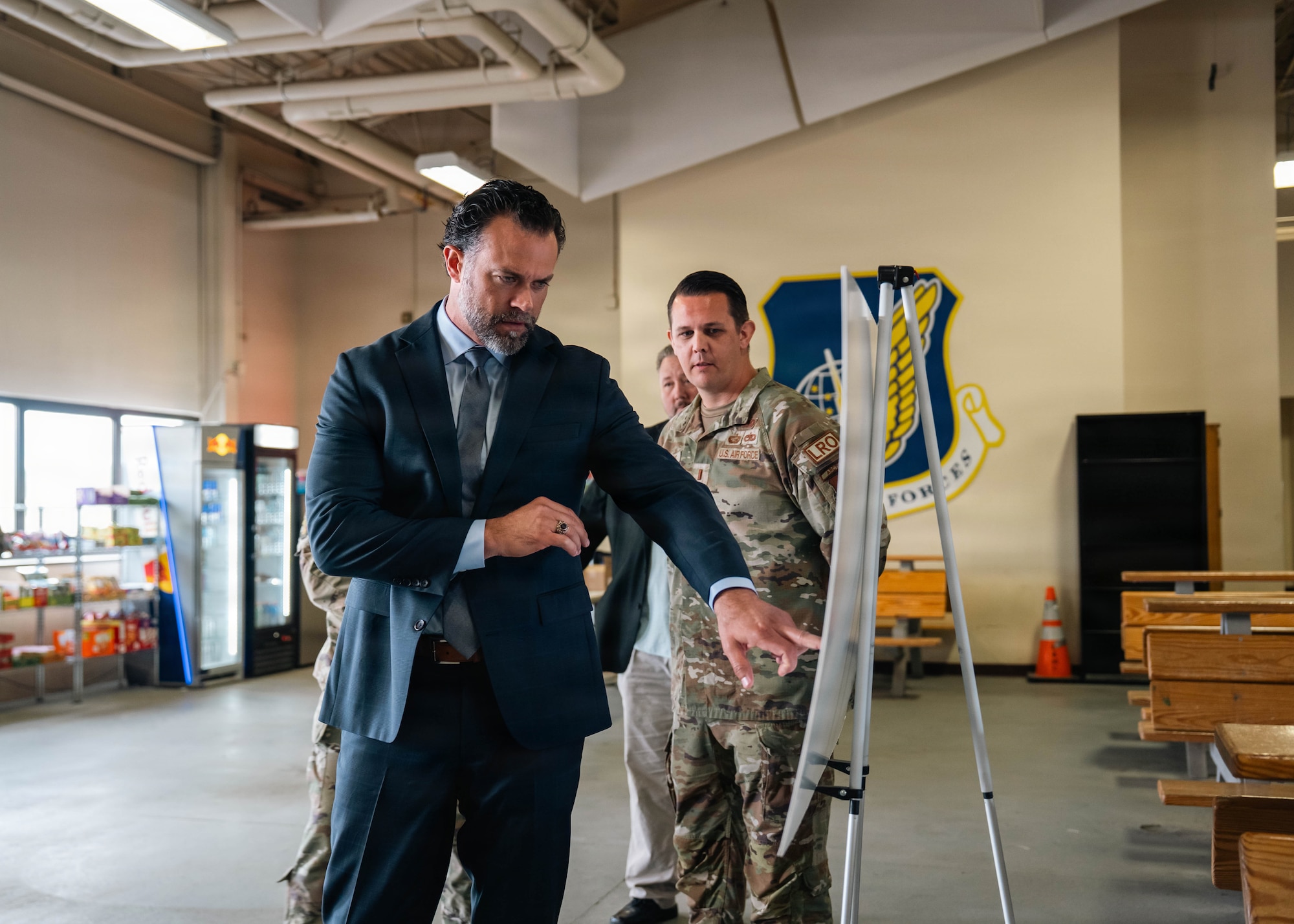 Under Secretary of the Air Force, Matt Lohmeier, discusses deployment capabilities in the Joint Mobility Complex at Joint Base Elmendorf-Richardson, Alaska, June 22, 2026. Lohmeier toured the installation to meet with service members and assess Arctic operational readiness, strategic modernization plans and future infrastructure investments. (U.S. Air Force photo by Airman 1st Class Keola Vischi)
