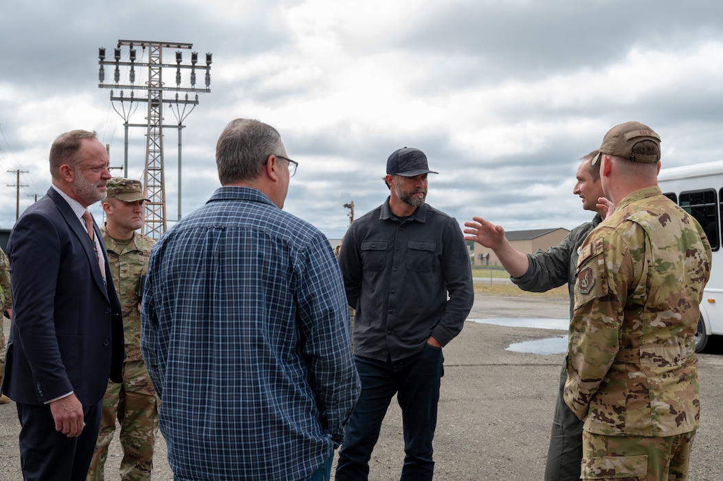 Under Secretary of the Air Force Matt Lohmeier receives a brief by U.S. Air Force Col. Matthew Johnston, 354th Fighter Wing commander, second to the right, during a tour at Eielson Air Force Base, Alaska, June 23, 2026.