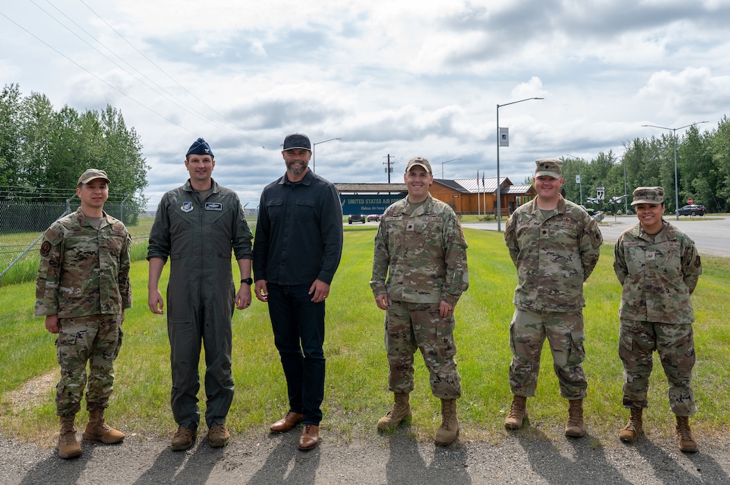 Under Secretary of the Air Force Matt Lohmeier and 354th Fighter Wing leadership pose for a group photo during a tour of Eielson Air Force Base, Alaska, June 23, 2026.