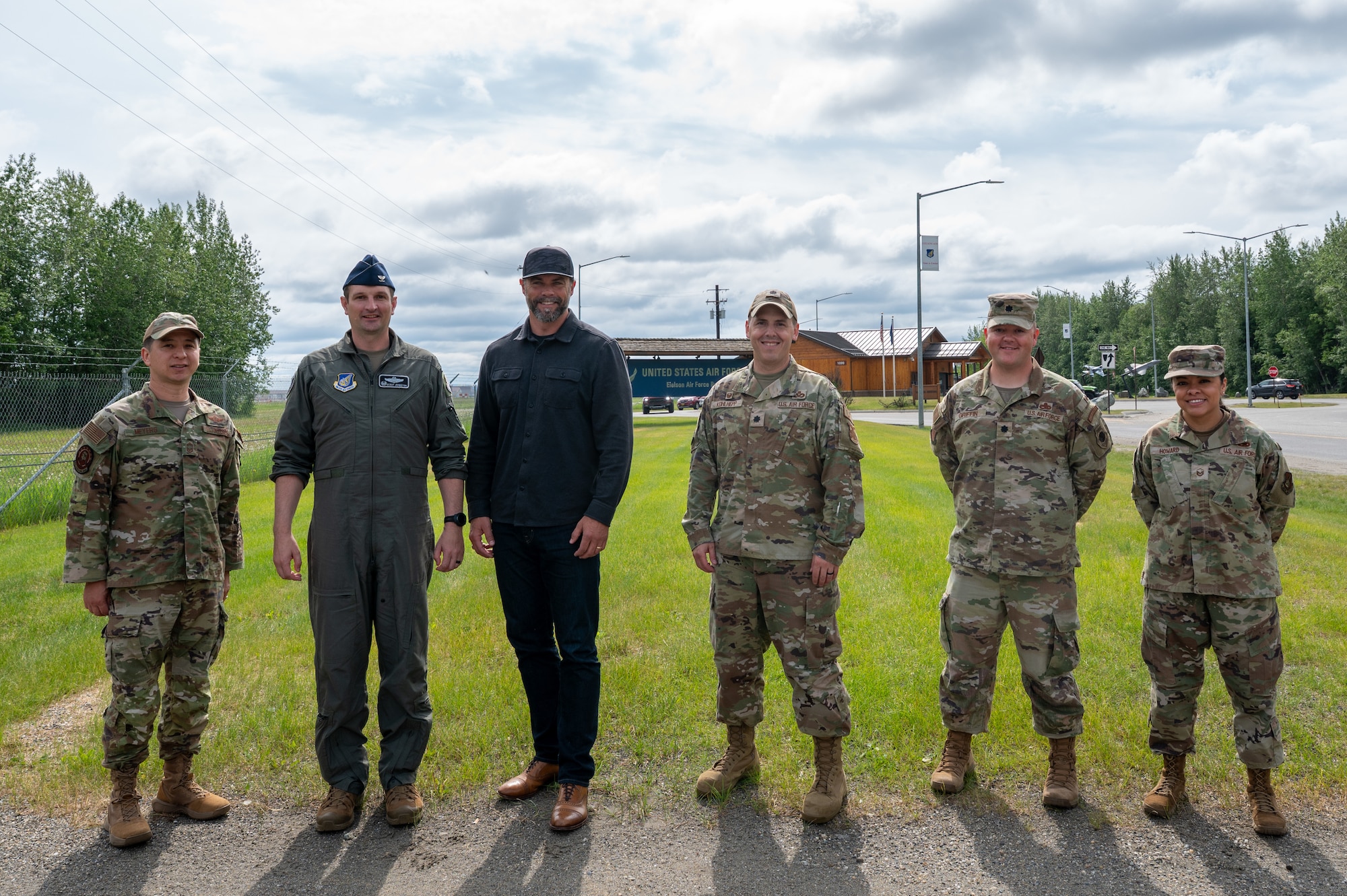 Under Secretary of the Air Force Matt Lohmeier and 354th Fighter Wing leadership pose for a group photo during a tour of Eielson Air Force Base, Alaska, June 23, 2026.