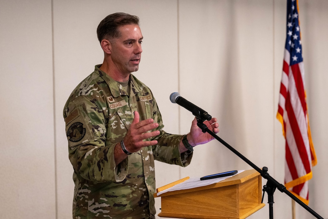 U.S. Air Force Lt. Col. Jonathan McQuaig, gives remarks after taking command of the 354th Healthcare Operations Squadron during the 354th HCOS assumption of command ceremony at Eielson Air Force Base, Alaska, June 23, 2026.