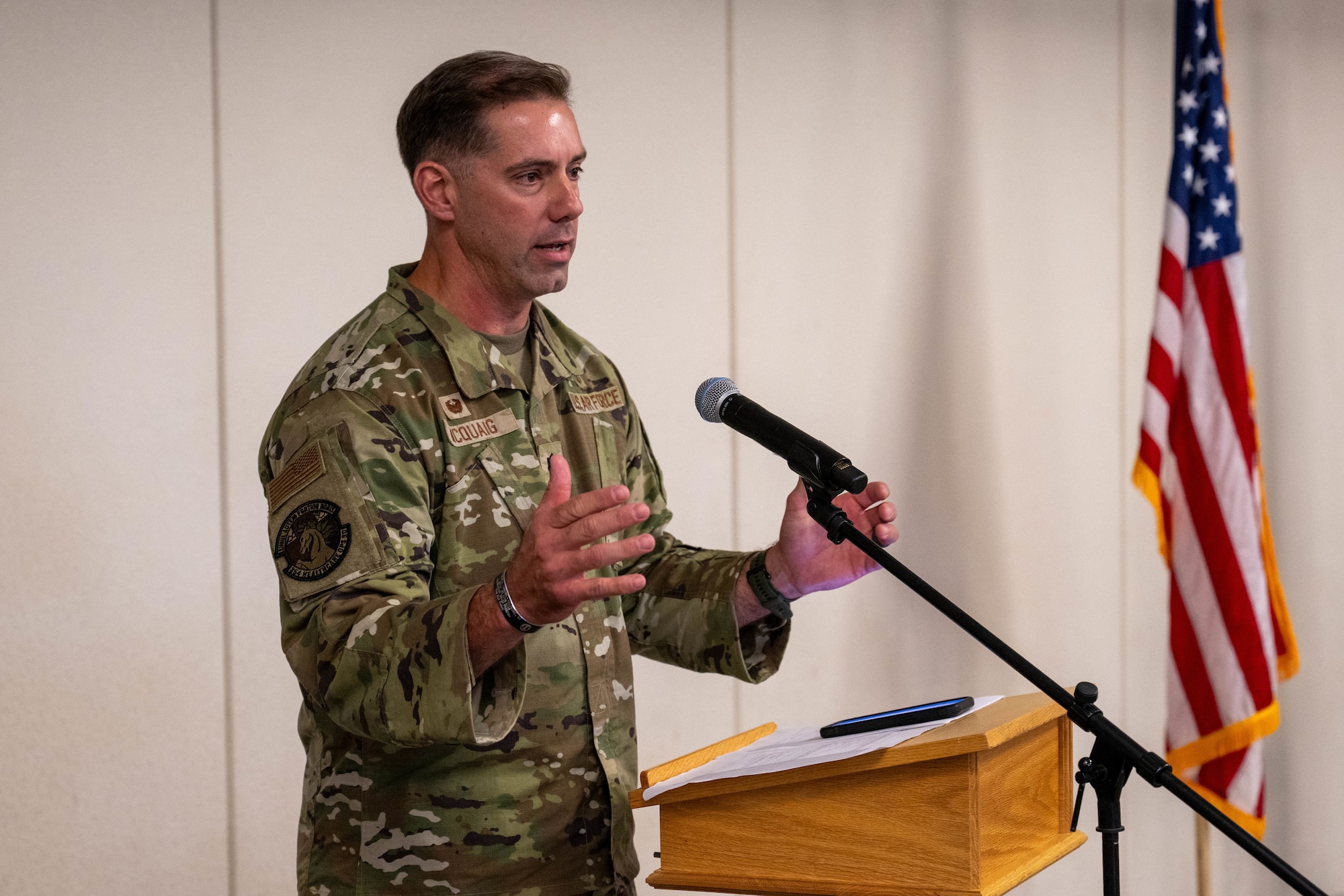 U.S. Air Force Lt. Col. Jonathan McQuaig, gives remarks after taking command of the 354th Healthcare Operations Squadron during the 354th HCOS assumption of command ceremony at Eielson Air Force Base, Alaska, June 23, 2026.