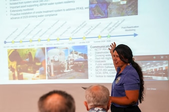 The Navy Closure Task Force-Red Hill (NCTF-RH) community liaison officer updates first responders and emergency planning personnel on the decommissioning of the Red Hill Bulk Storage Facility (RHBFSF), the reactivation of the Navy Aiea-Halawa Shaft, and continuing environmental projects at the Honolulu Local Emergency Planning Committee meeting in Honolulu, June 16, 2026. Charged with the safe decommissioning of the RHBFSF, NCTF-RH was established by the Department of the Navy as a commitment to the community and the environment. NCTF-RH continues to engage with the people of Hawaii, regulatory agencies, and other stakeholders as it safely and deliberately decommissions the facility. (U.S. Navy photo by Mass Communication Specialist 2nd Class Krystal Diaz)