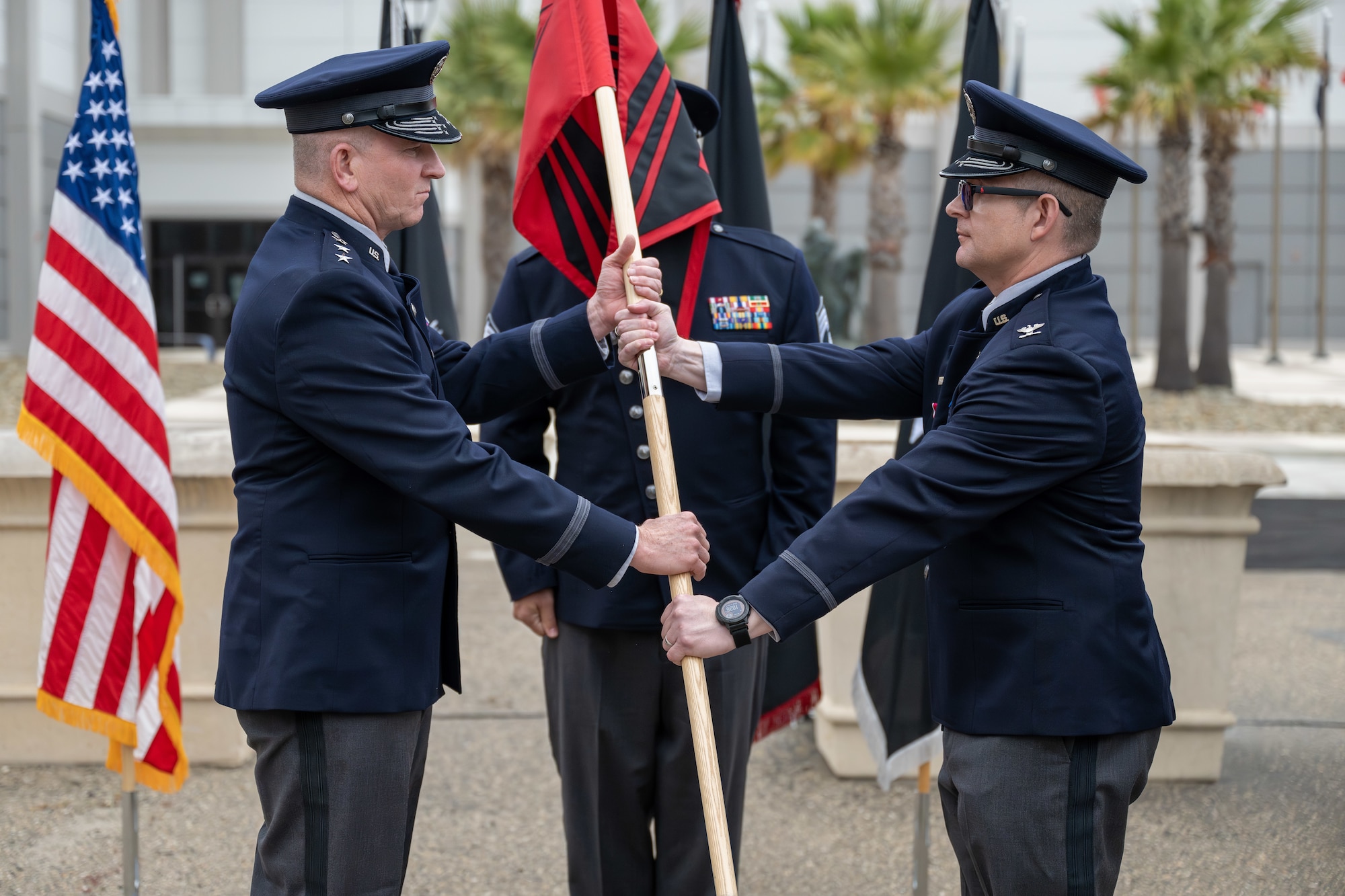 Military Officers perform change of command ceremony