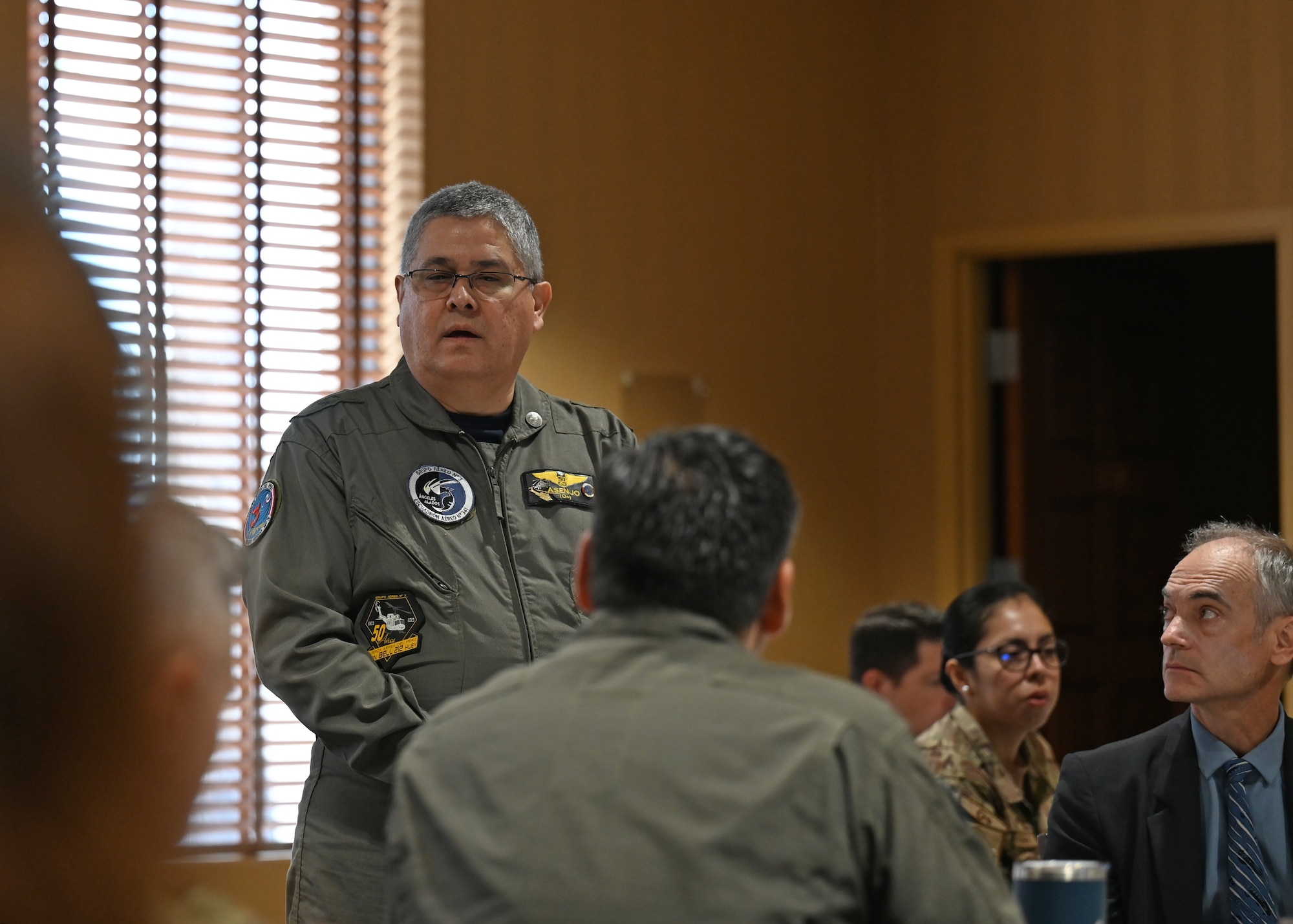 Peruvian air force (FAP) Maj. Gen. Martin Asenjo Gallo, FAP deputy chief of the general staff, provides opening remarks during the United States and Peru Airman-to-Airman Staff Talks, at Davis-Monthan Air Force Base, Arizona, June 15, 2026. Gallo emphasized the importance of U.S.-FAP collaborations in shared security and cooperation interests for a more safe and prosperous Western Hemisphere. (U.S. Air Force photo by Staff Sgt. Abbey Rieves)