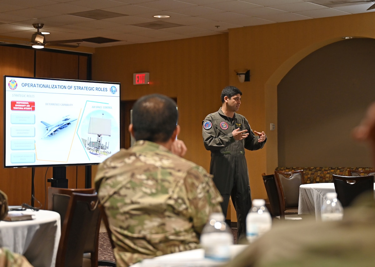 Peruvian air force (FAP) Lt. Col. Berly Briceño Velàsquez, FAP Department of the General Staff military group liaison, briefs during the United States and Peru Airman-to-Airman Staff Talks, at Davis-Monthan Air Force Base, Arizona, June 15, 2026. Velàsquez discussed efforts to advance air domain capabilities and confirmed its broader efforts to enhance readiness and collective security with the U.S. across the Western Hemisphere. (U.S. Air Force photo by Staff Sgt. Abbey Rieves)