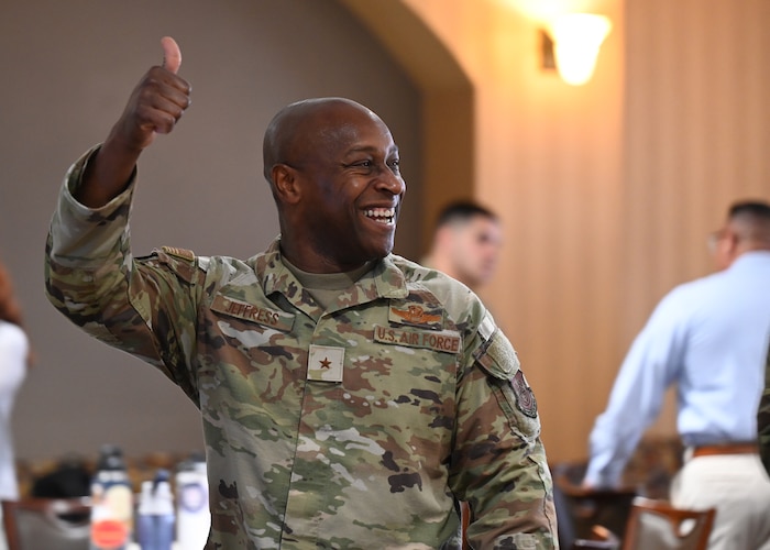 U.S. Air Force Brig. Gen. Henry Jeffress III, 12th Air Force, Air Forces Southern (AFSOUTH) deputy commander, thanks the Peruvian air force (FAP) for attending the United States and Peru Airman-to-Airman Staff Talks, at Davis-Monthan Air Force Base, Arizona, June 15, 2026. Jeffress emphasized democratic values, mutual respect for sovereignty, and collective responsibility the U.S. and Peru have to protect each population. (U.S. Air Force photo by Staff Sgt. Abbey Rieves)