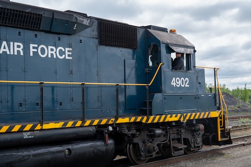Under Secretary of the Air Force Matt Lohmeier operates an Air Force locomotive during a visit to Eielson Air Force Base, Alaska, June 23, 2026.