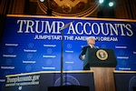 President Donald J. Trump delivers remarks on Trump Accounts at the Andrew W. Mellon Auditorium in Washington, Jan. 28, 2026.