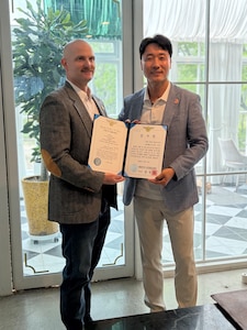 Lt. Col. D. Alan Johnson, commander of AFOSI’s 5th Field Investigations Squadron, received the Letter of Appreciation from the chief of staff of the Republic of Korea Air Force (ROK) Air Force Col. Jong Seong Woo, April 21, 2026.