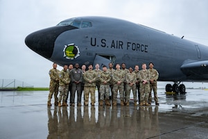 U.S. Airmen assigned to the 100th Air Refueling Wing stand in front of a KC-135 Stratotanker during Ramstein Flag 26 at Ørland Air Base, Norway, June 18, 2026.