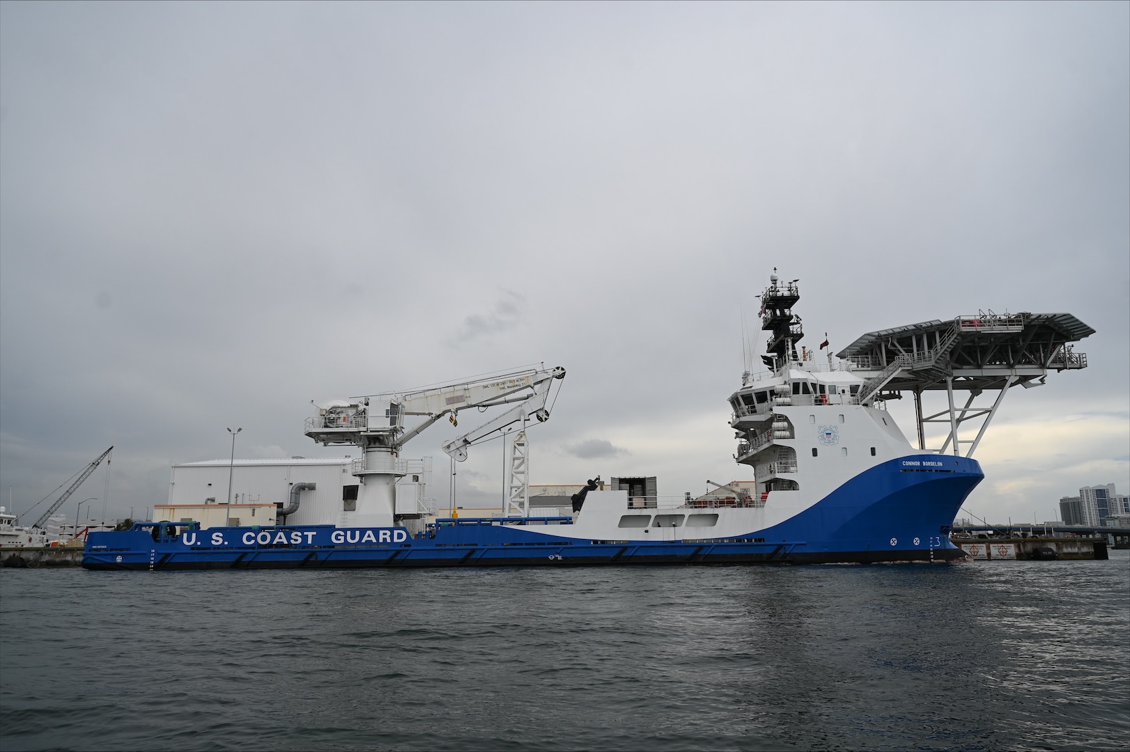 Homeland Security Cutter-Ocean is moored at U.S. Coast Guard Base Miami Beach, Florida, June 26, 2026. Cutter Ocean will serve as the first vessel contracted in a new initiative using commercial vessels to transport supplies, equipment and personnel to Coast Guard cutters operating in the Caribbean, Gulf of America, and other maritime areas in the Western Hemisphere.