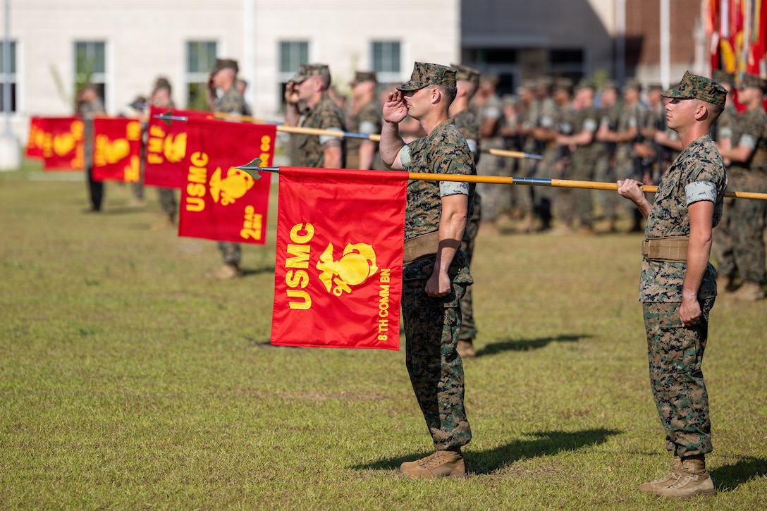 U.S. Marines with II Marine Expeditionary Force Information Group, salute during the II MIG Change of Command ceremony at Marine Corps Base Camp Lejeune, North Carolina, June 25, 2026. The change of command ceremony symbolizes the passing of authority and responsibility from the offgoing to the oncoming commanding officer.  
(U.S. Marine Corps photo by Lance Cpl. Aegean DeVaughn-Wilson)