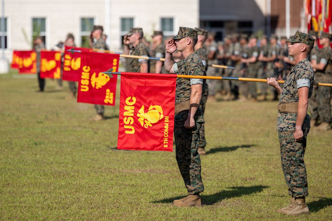 U.S. Marines with II Marine Expeditionary Force Information Group, salute during the II MIG Change of Command ceremony at Marine Corps Base Camp Lejeune, North Carolina, June 25, 2026. The change of command ceremony symbolizes the passing of authority and responsibility from the offgoing to the oncoming commanding officer.  
(U.S. Marine Corps photo by Lance Cpl. Aegean DeVaughn-Wilson)