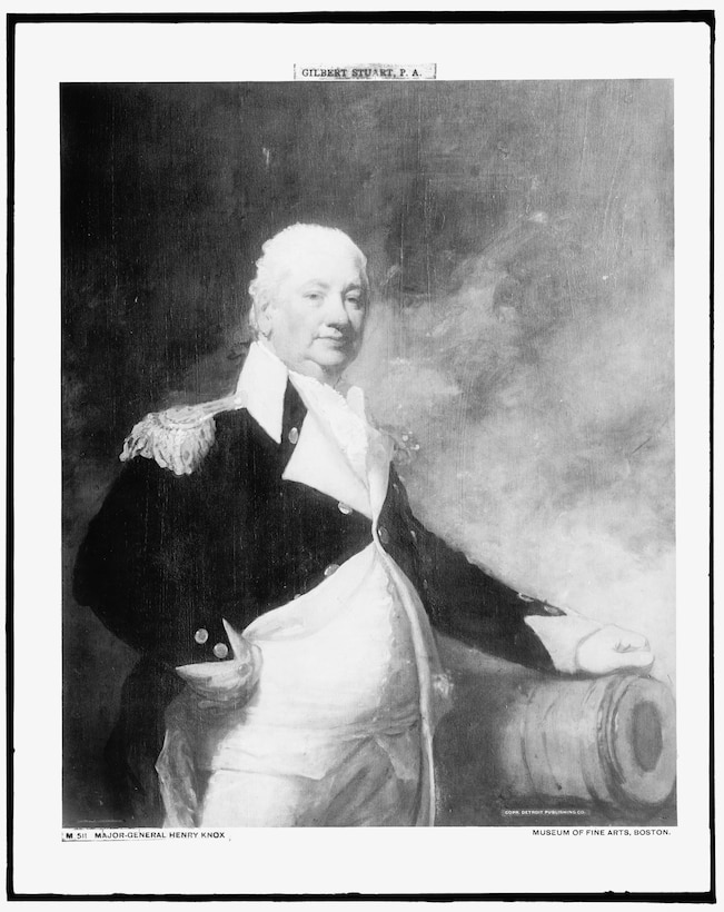 A painting of a Revolutionary War Colonel Henry Knox standing next to a canon.