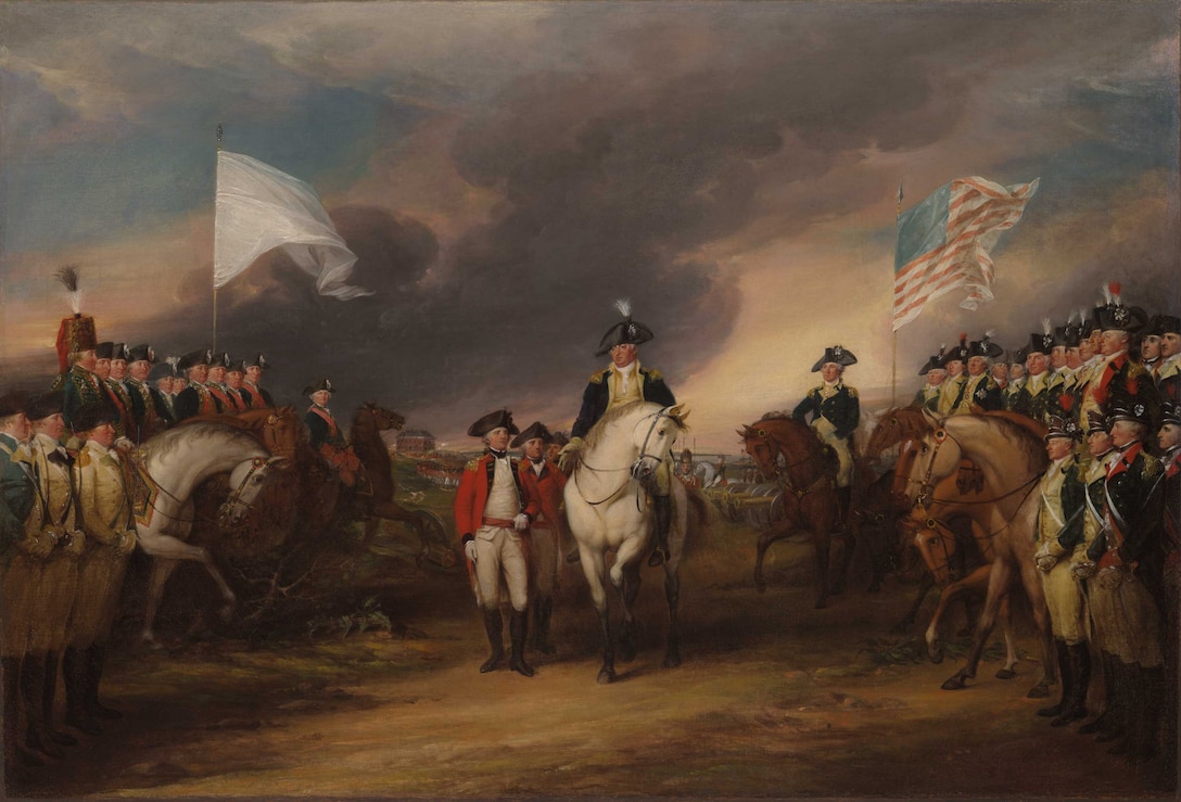 A historic painting of a battle in the Revolutionary War.