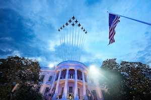 U.S. Air Force Thunderbirds and U.S. Navy Blue Angels aircraft fly in a rare Super Delta formation over Washington, D.C