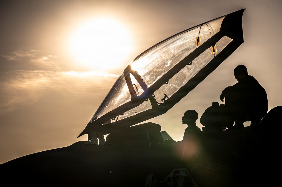 U.S. Air Force Tech. Sgt. Justin M. Pendleton, F-35A Lightning II Demonstration Team chief, conducts a cockpit tour for Airman Phyel Richardson, a public affairs specialist assigned to the 121st Air Refueling Wing, during the Columbus Air Show at Rickenbacker Air National Guard Base, Columbus, Ohio, June 19, 2026. Richardson sat inside the cockpit of the fifth-generation stealth fighter while Pendleton highlighted the aircraft's advanced capabilities and instrumentation. (U.S. Air National Guard photo by Airman 1st Class Samir Harris)