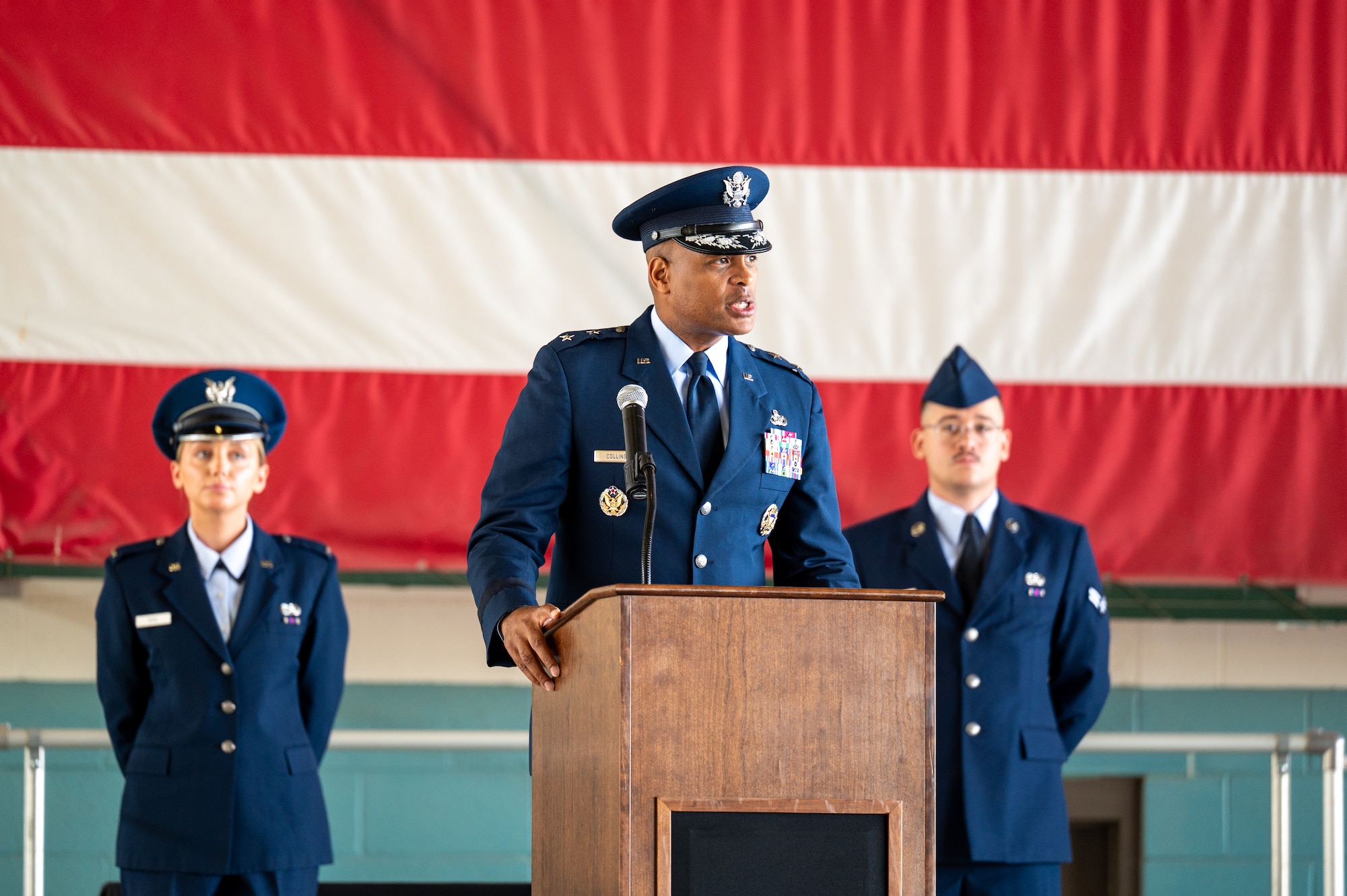 U.S. Air Force Col. Jeff McMaster, 58th Special Operations Wing commander, gives his remarks, during a change of command ceremony at Kirtland Air Force Base, New Mexico, June 24, 2026. The Change of Command ceremony is a time-honored tradition that symbolizes the exchange of responsibility and leadership between officers. (U.S. Air Force photo by Senior Airman Donnell Schroeter)