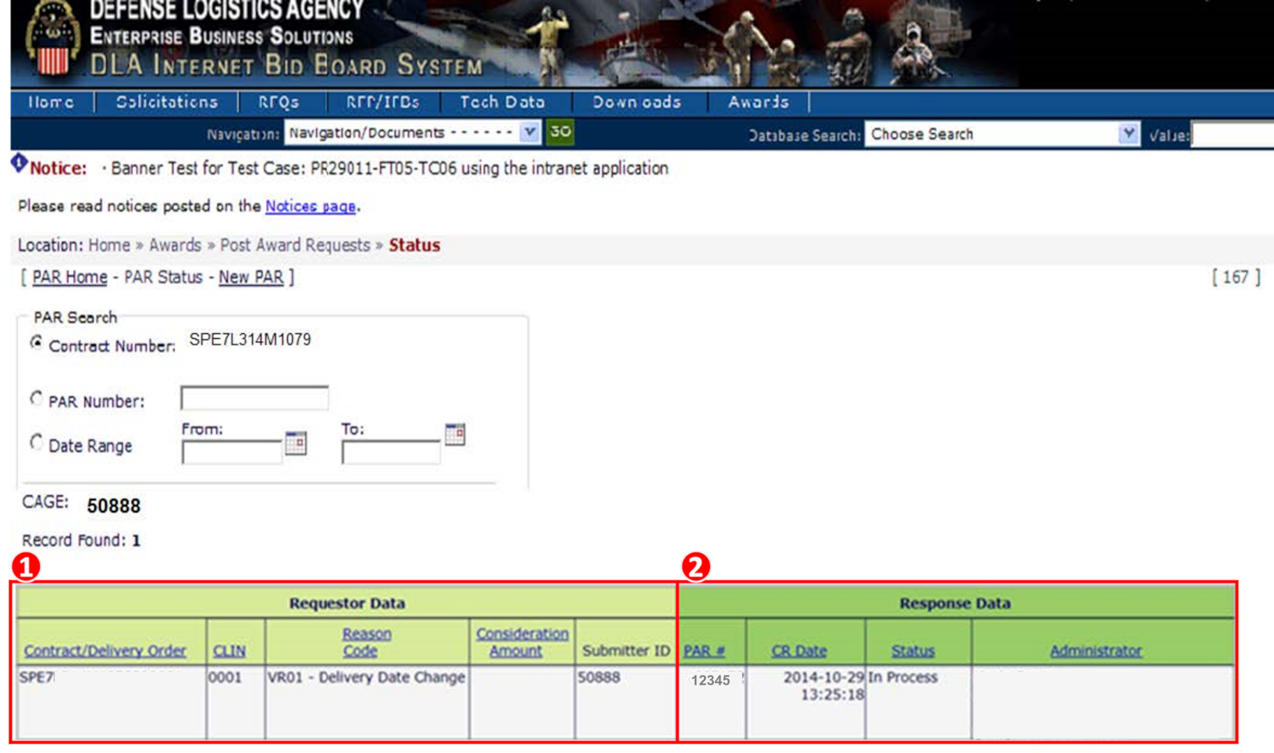 Graphic demonstrates where a Vendor can see search results with the criteria entered to pull PAR information including requestor and response data.