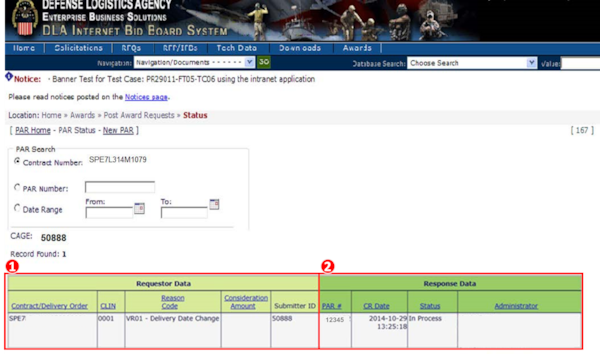Graphic demonstrates where a Vendor can see search results with the criteria entered to pull PAR information including requestor and response data.
