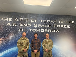 Pictured is Col. Jesse Foster (left), former endowed chair, with AFIT’s newly appointed endowed term chairs, Dr. Zach Meisel (center) and Lt. Col. Robert MacDermott.
