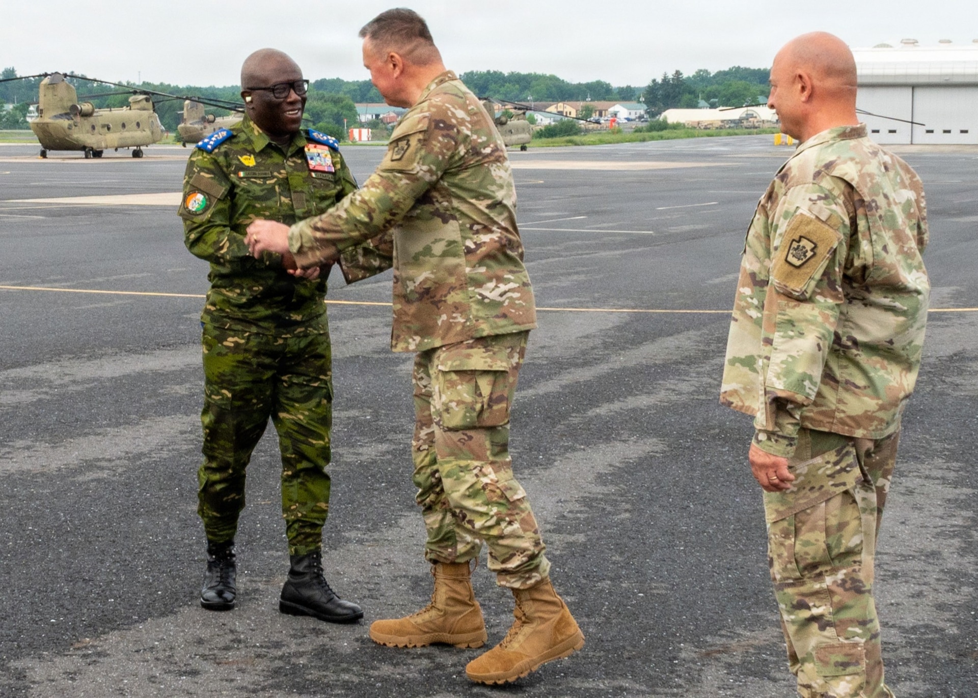 Senior leaders from the Côte d'Ivoire Armed Forces, accompanied by Pennsylvania National Guard leadership, receive a demonstration of capabilities during a tour of multiple facilities at Fort Indiantown Gap, Pennsylvania, June 26, 2026.