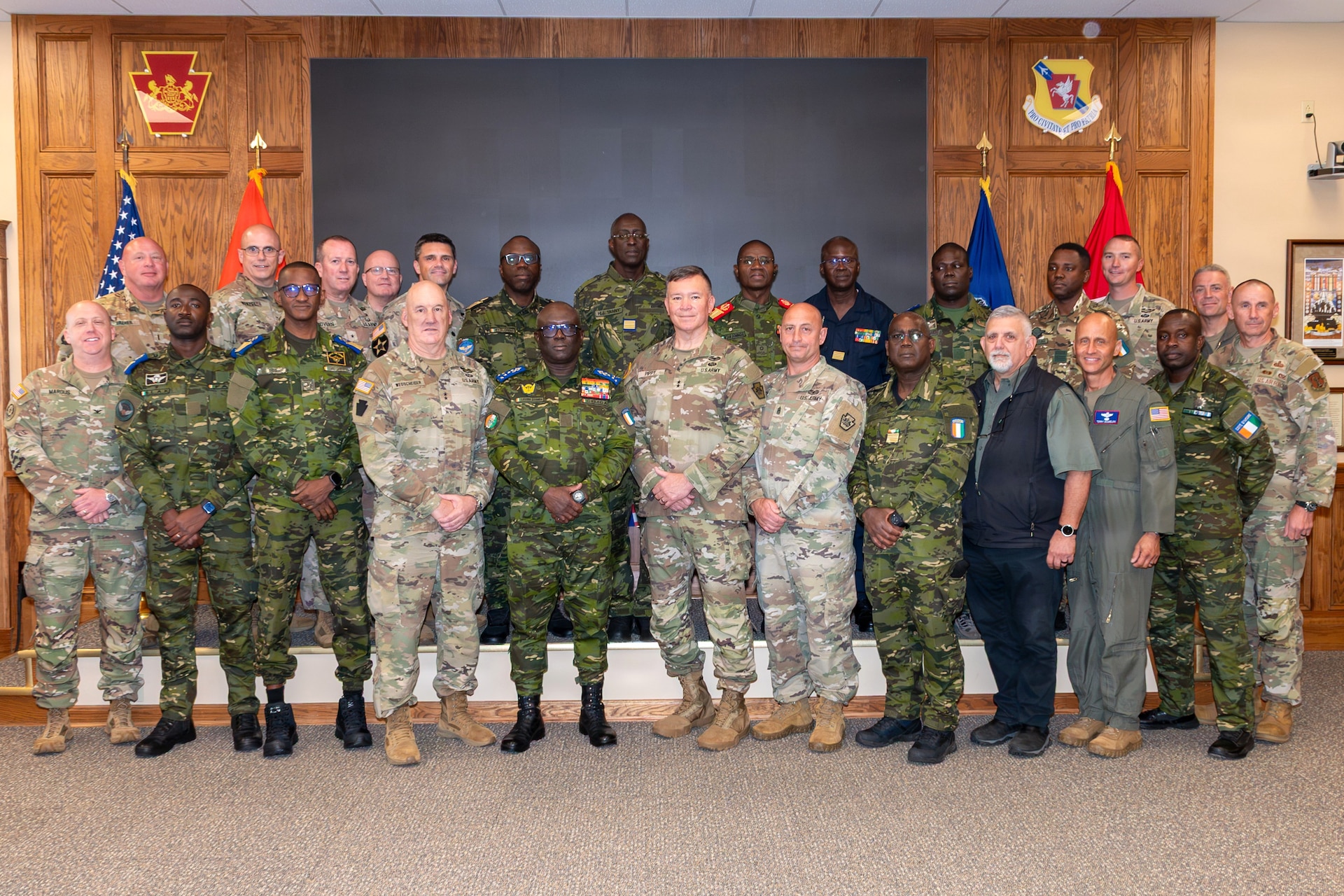 Senior leaders from the Côte d'Ivoire Armed Forces, accompanied by Pennsylvania National Guard leadership, receive a demonstration of capabilities during a tour of multiple facilities at Fort Indiantown Gap, Pennsylvania, June 26, 2026.