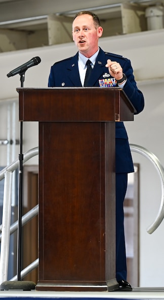 U.S. Air Force Col. Adam T. Rector, incoming 91st Maintenance Group (MXG) commander, delivers remarks during a change of command ceremony at Minot Air Force Base, North Dakota, June 5, 2026. After leading Air Force Operational Test and Evaluation Center Detachment 3 for the past three years, Rector assumed command of the 91st MXG, where he will lead Airmen responsible for sustaining the capabilities that enable the wing’s safe, secure and effective strategic deterrence mission.