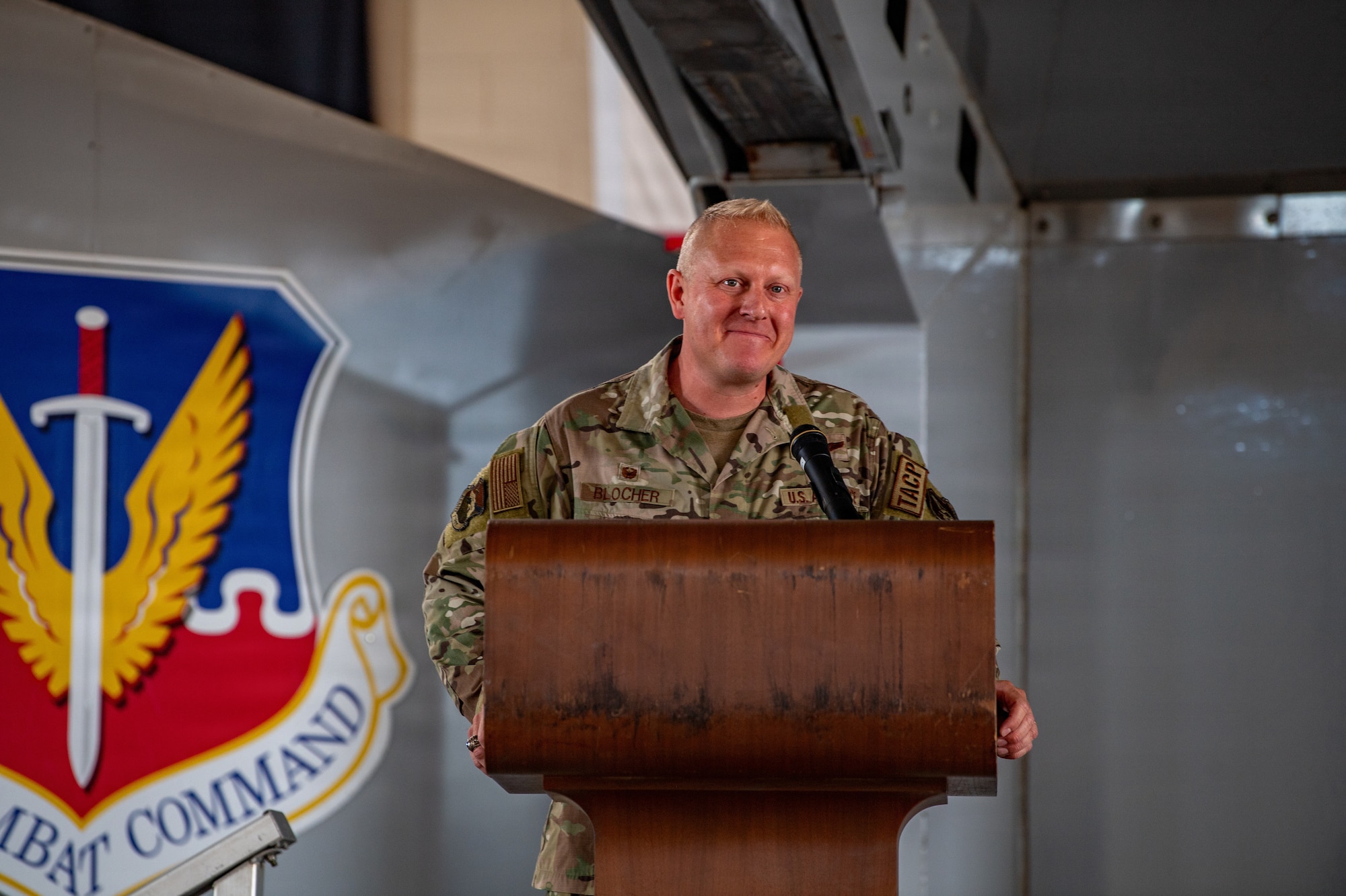 Col. John Blocher, 93d Air Ground Operations Wing commander smiles during a change of command ceremony, July 11, 2024, at Moody Air Force Base, Ga.