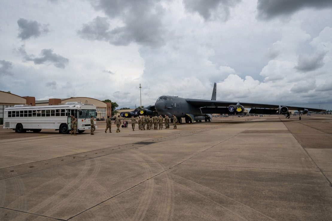 U.S. Airmen assigned to the 2nd Bomb Wing tour a B-52H Stratofortress aircraft at Barksdale Air Force Base, June 12, 2026. The Airmen were attendees of the First Term Enlisted Course where they learned about Barksdale’s agencies and the resources available to them. (U.S. Air Force photo by Airman 1st Class Fallon Mitchell)