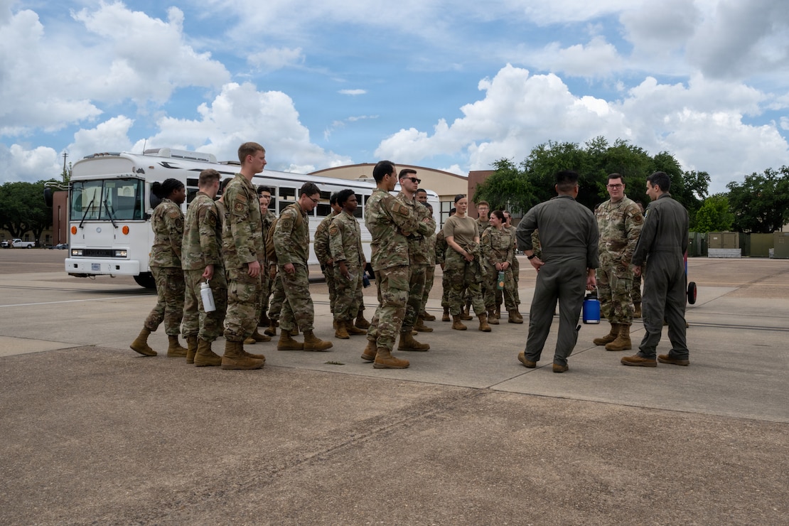 U.S. Airmen assigned to the 2nd Bomb Wing receive a briefing about the B-52H Stratofortress aircraft at Barksdale Air Force Base, June 12, 2026. Airmen arriving at their first duty station attend the First Term Enlisted Course, a class dedicated to information and increasing connectedness among junior Airmen. (U.S. Air Force photo by Airman 1st Class Fallon Mitchell)