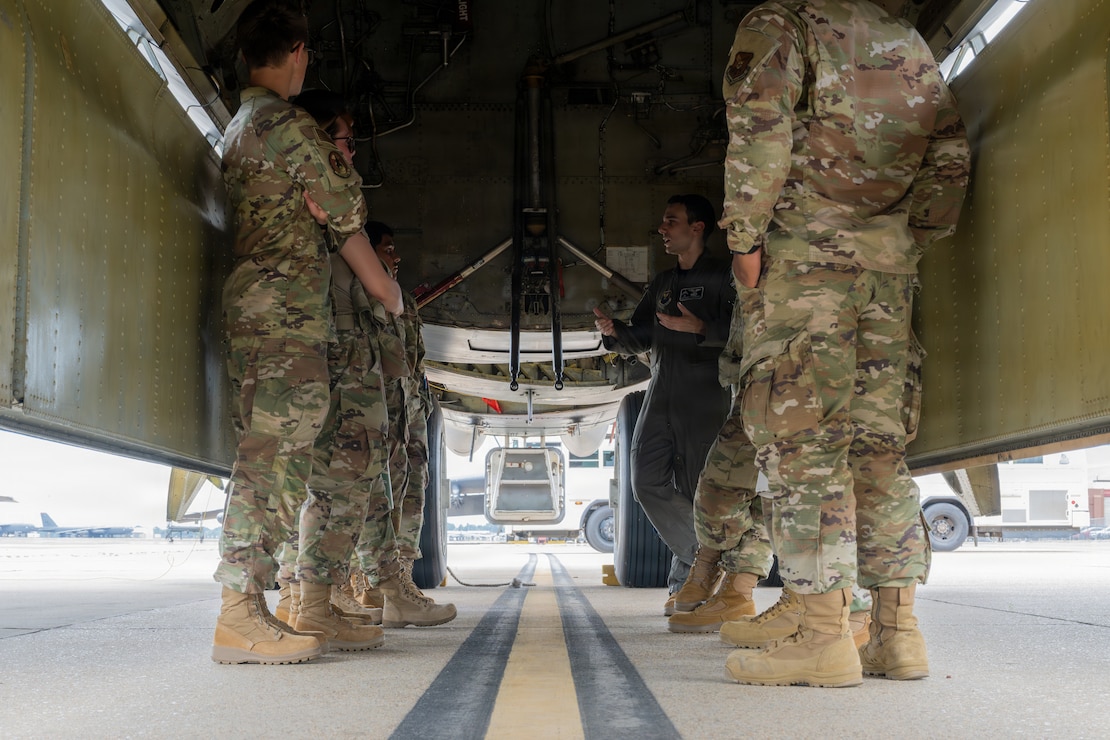 U.S. Airmen assigned to the 2nd Bomb Wing tour a B-52H Stratofortress aircraft at Barksdale Air Force Base, June 12, 2026. Airmen toured Barksdale at the end of the First Term Enlisted Course where they saw various helping agencies and visited the flightline to learn about the B-52 mission. (U.S. Air Force photo by Airman 1st Class Fallon Mitchell)