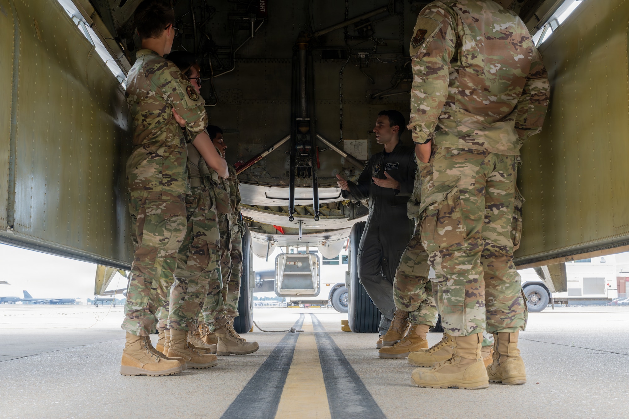 U.S. Airmen assigned to the 2nd Bomb Wing tour a B-52H Stratofortress aircraft at Barksdale Air Force Base, June 12, 2026. Airmen toured Barksdale at the end of the First Term Enlisted Course where they saw various helping agencies and visited the flightline to learn about the B-52 mission. (U.S. Air Force photo by Airman 1st Class Fallon Mitchell)