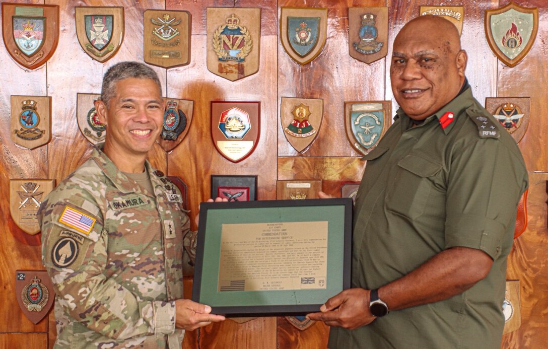 U.S. Army Pacific Deputy Commanding General for Homeland-Affairs, Maj. Gen. Lance Okamura officially presented the RFMF with a newly framed copy of the Third Battalion Fiji Infantry Regiment (3FIR) U.S. Army XIV Corps Unit Citation to RFMF Commander Land Force, Brig. Gen. Onisivoro Covunisaqa.