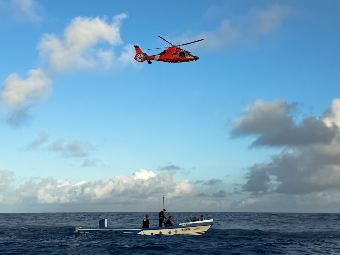 A Coast Guard Cutter Bear (WMEC 901) boarding team and MH-65 Dolphin helicopter from the Coast Guard Helicopter Interdiction Tactical Squadron interdict a vessel suspected of drug smuggling in the Eastern Pacific Ocean, May 10, 2026. The helicopter, embarked aboard Bear, supported counter-drug operations with Bear's crew as part of Operation Pacific Viper.  (U.S. Coast Guard photo)