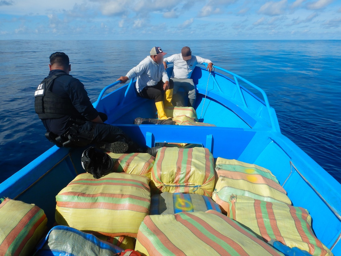 A Coast Guard Cutter Bear (WMEC 901) boarding team interdicts a suspected drug-smuggling vessel in the Eastern Pacific Ocean, June 11, 2026. Bear’s boarding team interdicted and boarded the vessel, seizing approximately 4,000 pounds of marijuana. (U.S. Coast Guard photo)