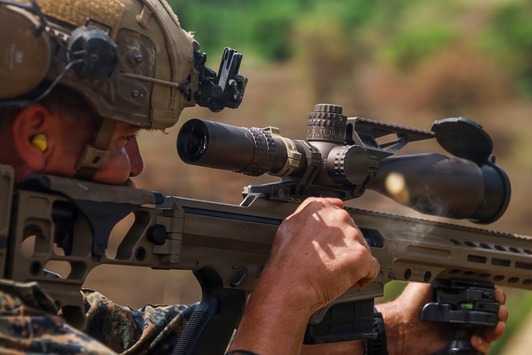 U.S. Marine Corps Lance Cpl. Darren Spencer, a radio operator assigned to 3rd Littoral Combat Team, 3rd Marine Littoral Regiment, 3rd Marine Division, fires an MK-22 multi-role adaptive-design sniper rifle at simulated targets at Fort Magsaysay, Nueva Ecija, Philippines, June 2, 2026.