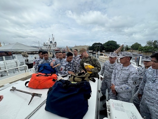 U.S. Coastguardsmen assigned to Sentinel-class fast response cutter USCGC Emlen Tunnell (WPC 1145) conduct damage control training with members of the Armed Forces of the Philippines as part of the Maritime Cooperative Activity (MCA) in Subic Bay, Philippines, June 26, 2026.