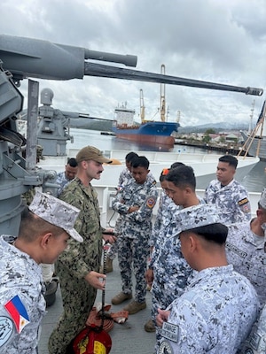 U.S. Coastguardsmen assigned to Sentinel-class fast response cutter USCGC Emlen Tunnell (WPC 1145) conduct damage control training with members of the Armed Forces of the Philippines as part of the Maritime Cooperative Activity (MCA) in Subic Bay, Philippines, June 26, 2026.