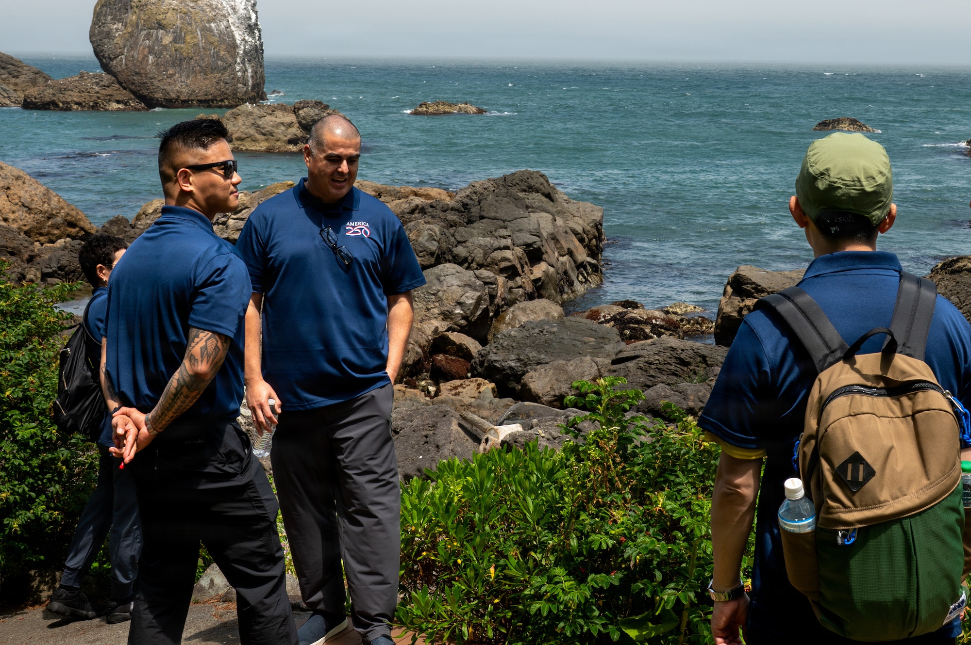U.S. Air Force Capt. Vernon Nazareno, 35th Security Forces Squadron S3 operations officer, and Chief Master Sgt. David Najera, 35th Fighter Wing command chief, observe the scenery along the Tanesashi Coast during a “Friendship Hike” at Hachinohe, Japan, June 20, 2026.