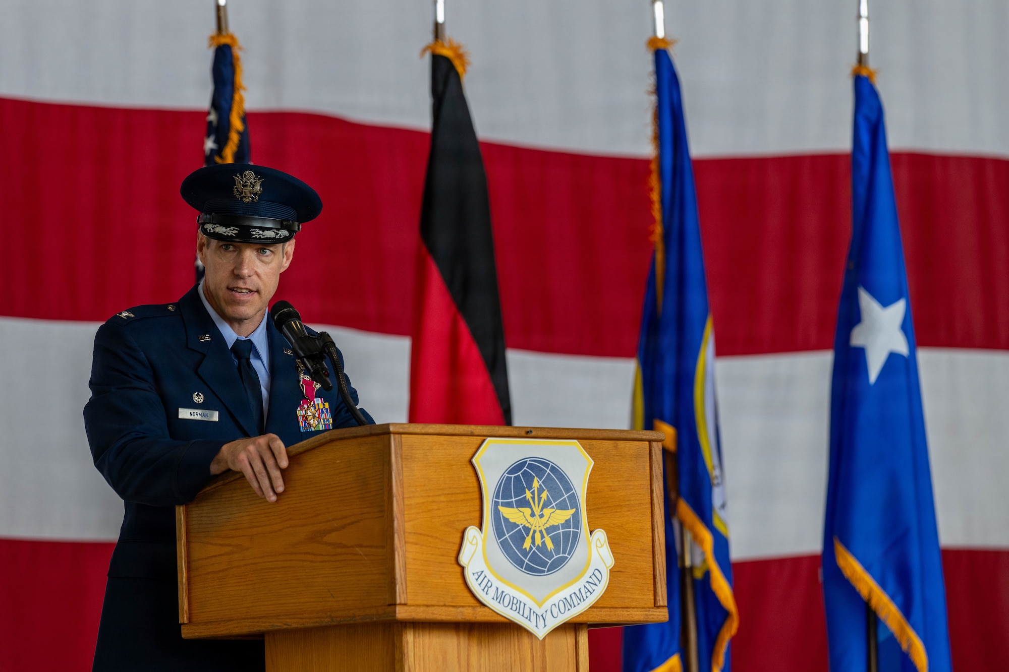 Previous commander speaks at the 521st AMOW change of command.