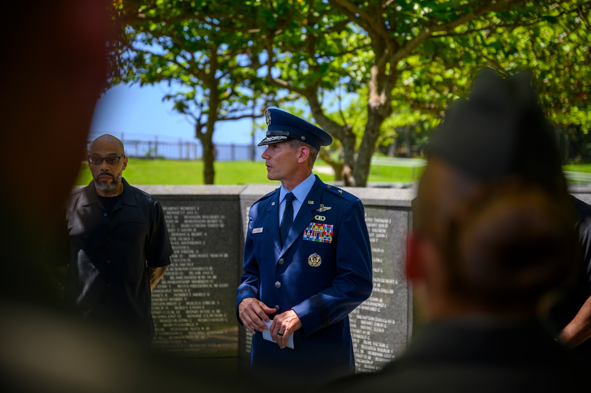 U.S. Air Force Brig. Gen. John Gallemore, 18th Wing commander, delivers remarks during the Okinawa Memorial Day ceremony at “The Cornerstone of Peace” in Peace Memorial Park, Okinawa, Japan, June 23, 2026. The annual ceremony, hosted by the American Chamber of Commerce in Okinawa and USO Okinawa, commemorates the end of the Battle of Okinawa and honors the memory of those who lost their lives during the conflict. (U.S. Air Force photo by Airman 1st Class Francisco Huerta)